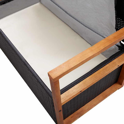 45.3" Storage Bench Poly Rattan and Solid Acacia Wood Outdoor Garden Bench with Interior Storage and Removable Cushion for Patio Deck Porch Black and Natural