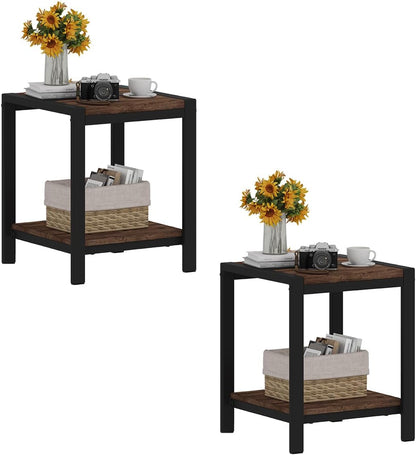 BON AUGURE End Table Set of 2, Small Side Table for Living Room, Night Stand, Bedside Tables with 2-Tier Storage Shelves for Bedroom, Small Spaces (Rustic Oak)