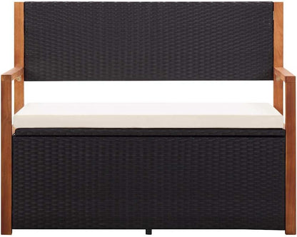 Poly Rattan Patio Storage Bench with Solid Acacia Wood Armrests and Backrest, Large Outdoor Storage Bench with Removable Seat Cushion