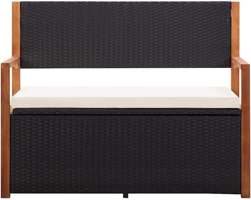 45.3" Outdoor Storage Bench - Poly Rattan Garden Bench with Solid Acacia Wood Armrests, Large Capacity Patio Seat with Removable Cushion for Backyard, Porch and Indoor Use, Black