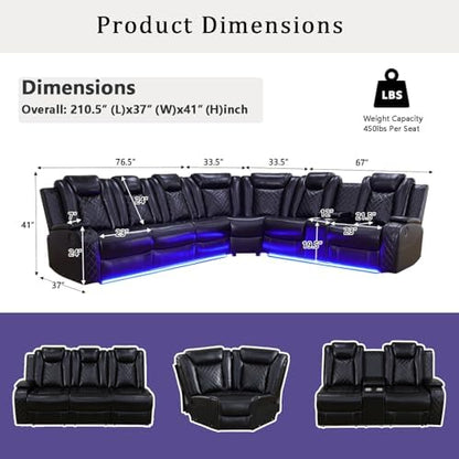 A Ainehome Power Furniture Reclining Sectional Sofa Set, Living Room Power Recliner Adjustable Sofa, Loveseat and Chair with USB Chargers/Storage Console for Living Room/Office(A-Black)