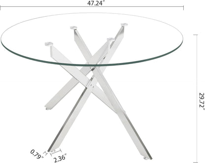 7-Piece Round Glass Dining Table Set for 6, 47" Circle Kitchen Table with 6 Black Velvet Chairs Modern Silver Glass Dining Room Table Set for 6 with Steel Leg Chair