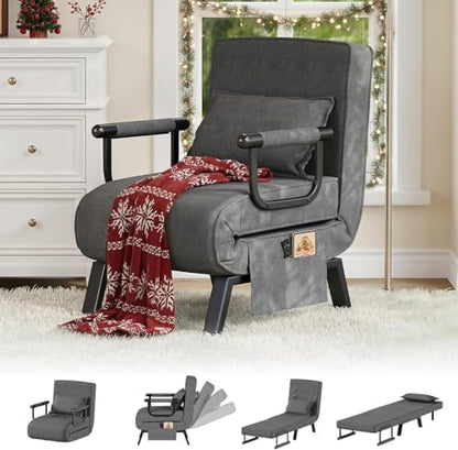 TYBOATLE Sleep Chair Bed Set of 2, Comfy Convertible Sleeper Chairs for Adults, Folding Sofa Bed with Adjustable Backrest & Side Pockets & Pillow, Cozy Small Couch for Small Spaces, Office (Dark Grey)