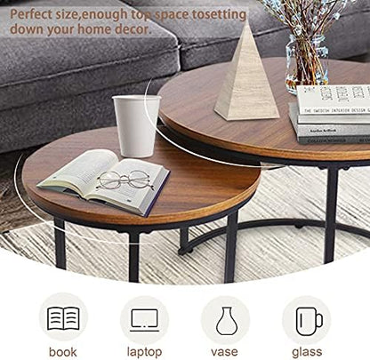 aboxoo Coffee Table Nesting Side Round Set of 2 End Table Top Sturdy Metal Frame Desk Centerpiece Living Room Bedroom Apartment Modern Industrial Simple Nightstand