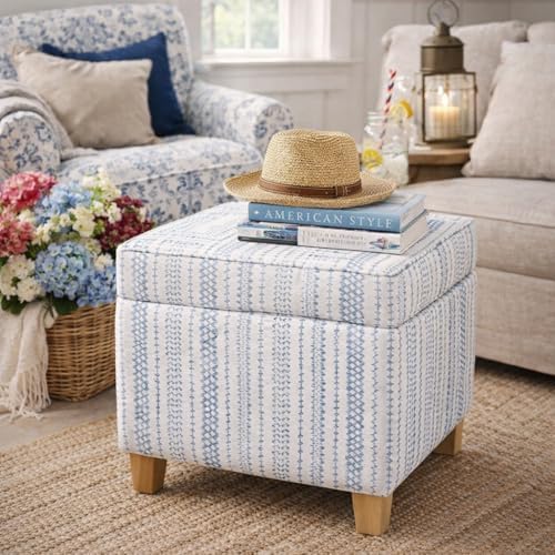 HomePop Home Decor | K7342-F2359 |Classic Square Storage Ottoman with Lift Off Lid | Ottoman with Storage for Living Room & Bedroom, Blue Stripe Large