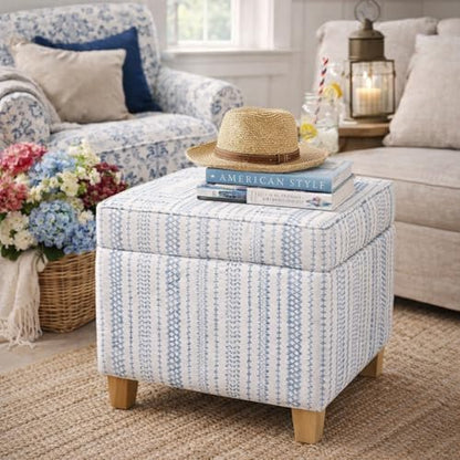 HomePop Home Decor | K7342-F2359 |Classic Square Storage Ottoman with Lift Off Lid | Ottoman with Storage for Living Room & Bedroom, Blue Stripe Large