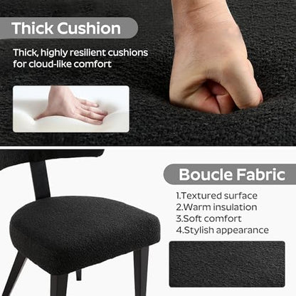 Boucle Chairs Set of 6, Modern Black Upholstered Dining Chairs with Black Metal Legs, Boucle Dining Chairs with Curved Backrest for Dining Room, Kitchen(Only Chairs)