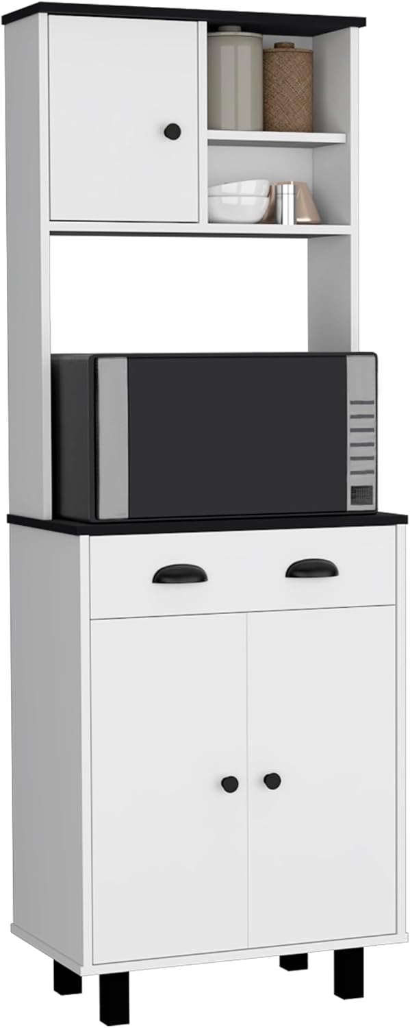 Modern Farmhouse Kitchen Pantry - White/Black Storage Cabinet with 3 Doors & Drawers | Space-Saving for Small Kitchens