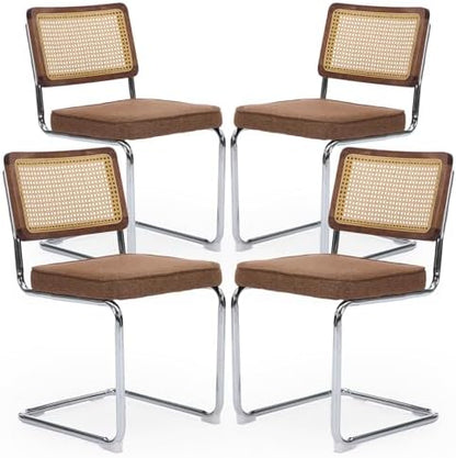 Rattan Back Linen Dining Chair Set of 4 Modern Breuer Designed Stainless Chrome Base Armless Upholstered Dining Chair for Dining Room, Kitchen Island(Coffee)