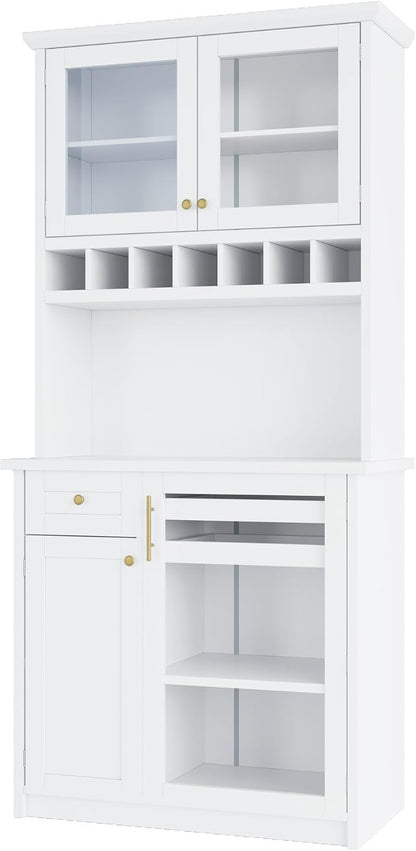 Kitchen Pantry Storage Cabinet with Wine Rack and Adjustable Shelves, Freestanding Buffet Cabinet with Hutch, White