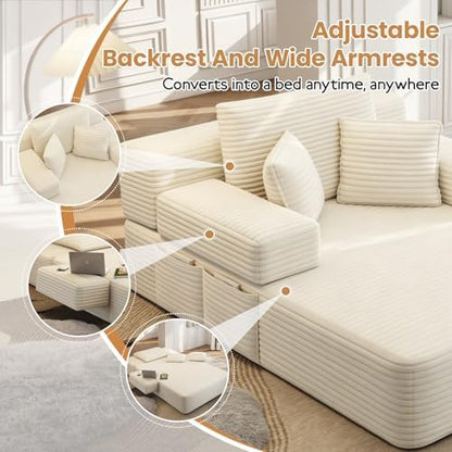 60.2 Inch Chaise Lounge Chair Indoor, Oversized Chaise Lounge with Adjustable Backrest and Armrests, Luxurious Corduroy Convertible Sofa Bed with Storage Pocket for Small Spaces, Apartment (Beige)