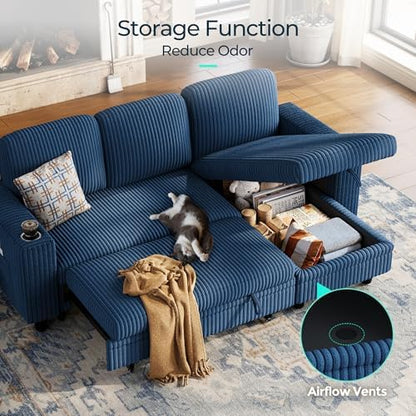 LINSY HOME Sectional Couches for Living Room, 81" L Shape 3 Seats, Blue | Sleeper sofa with pull out couch bed, corduroy couch with storage