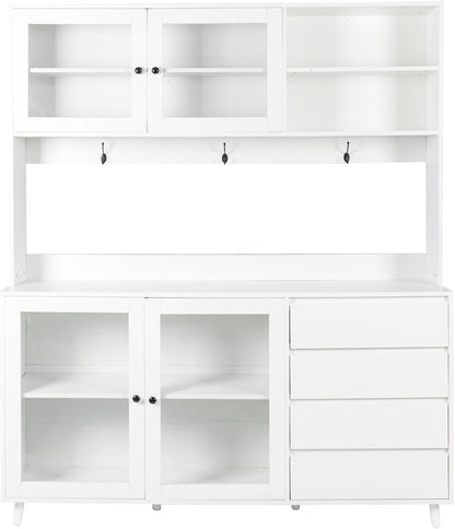 63" W Large Kitchen Hutch Cabinet, Freestanding Pantry Cupboard with 4 Doors, 4 Drawers & Microwave Shelf,for Kitchen Dining Room Bedroom (White#L)