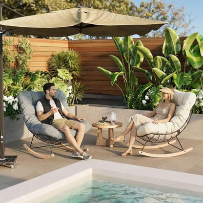 FLEXISPOT Oversized Outdoor Rocking Chair with Thick Cushion, Beige | Thick Cushioned Seat, Bonus Pillow, Modern Patio Papasan Rocker, Metal Frame Wood Base, For Porch Balcony Living Room