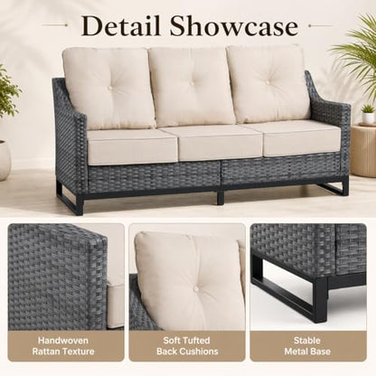 Outdoor Wicker 3-Seat Sofa, All-Weather PE Rattan Patio Couch with Cushions & Metal Frame for Backyard, Porch, Garden, Deck, Beige