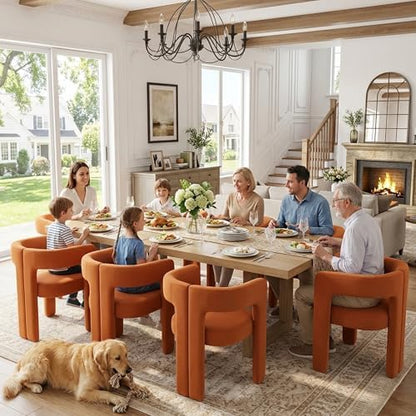 VESCASA Modern Barrel Dining Chairs Set of 4 with Open Back, Orange Velvet | Comfortable Upholstered Dining Room Chairs, Sturdy Solid Wood Legs, Accent Kitchen Armchairs for Living Room, Home, Apartment