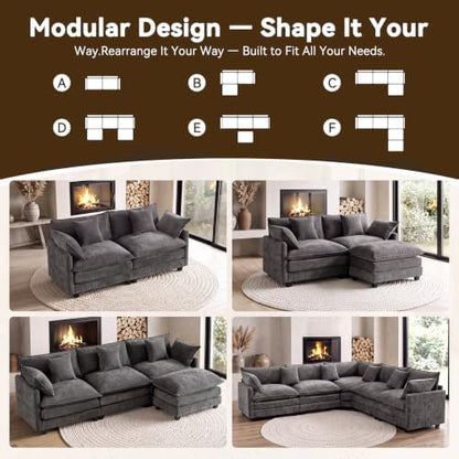 111.4" V-Shaped 5-Seat Sectional Cloud Couch, Chenille Soft Set, Grey | Customizable layout, suitable for living room, bedroom & apartment, comfortable deep seat