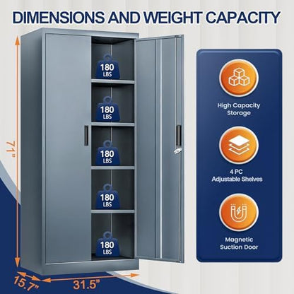 BESFUR Metal Storage Cabinet with 2 Doors and 4 Adjustable Shelves Garage Storage Cabinet with Lock 71" Office Storage Cabinets Locking Cabinets for Garage Office Shop Home (Gray)