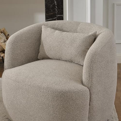 KINWELL 34" W Boucle Swivel Barrel Chairs with Pillow Set of 2, Taupe | No Assembly Round Sherpa Upholstered Armchairs Accent Chairs Single Sofa Chairs with Toss Pillow for Living Room and Bedroom