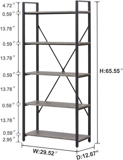 Industrial Bookshelf, Etagere Bookcases and Book Shelf 5 Tier Shelves, Grey Wood and Metal Shelving Unit (Dark Gray Oak)