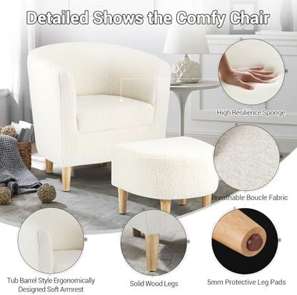 DAZONE Sherpa Accent Chair with Ottoman White Fluffy Teddy Barrel Armchair | Small Side Chair for Living Room, Bedroom, Reading Corner, Footrest, Boucle Corner Armchair, Solid Wood Legs, Soft Cushion