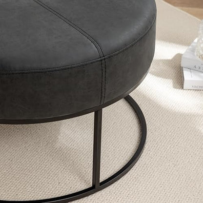 Modern Round Coffee Table, Farmhouse Ottoman for Living Room, Large Vintage Faux Leather Coffee Tables with Leather Upholstered Padded Seat [Round, Vintage Black, 30'']