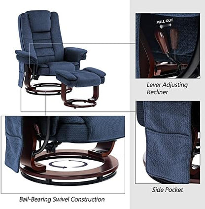 MCombo Swivel Recliner with Ottoman Chair, TV Chair Sets with Vibration Massage, for Small Space Living Room Bedroom 9096 9099 (Textile, Blue)