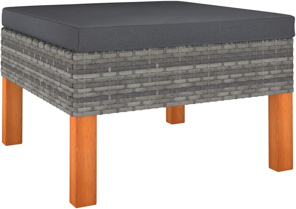 vidaXL Patio Ottoman, Outdoor Footstool, Footrest with Cushion, Wicker Ottoman for Garden Porch Backyard, Rustic, Solid Eucalyptus Wood PE Rattan