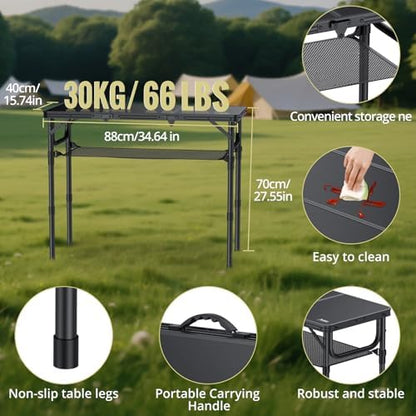 Anbte Folding Camping Table with Storage Net, 3ft Portable Table, 35" x 16" | Aluminum Folding Table, 3 Adjustable Height Max 27.5", Picnic Table For Indoor Outdoor Backyard Travel Tailgate, Pure Black