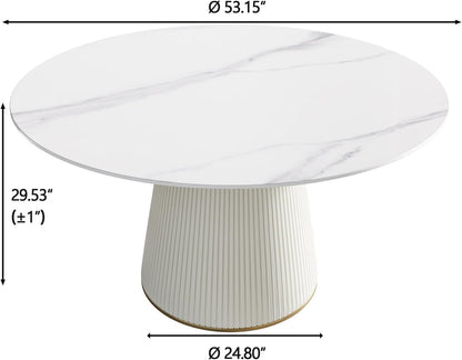 Montary 53” Modern Round Dining Table for 4-6 People, Minimalist Artificial Marble Kitchens Table with Beige Plywood PU Base, Snow Mountain White Sintered Stone Top Dining Room Table