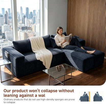 Couch ≈103" L-Shaped Sofa, Modular Sofa in Living Room Comfy Corduroy Fluffy Couch with Deep Seat and Side Pockets, Flexible Module Combination for Living Room (Black, 103IN)