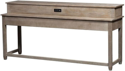 Pemberly Row 4 Piece Living Room Table Set, Pine Wood Console Bar Table w/Weathered Taupe Finish, Knotty Pine Veneers, USB & Power Ports, Linen Upholstered Stools, Space-Saving Multitasking Behind