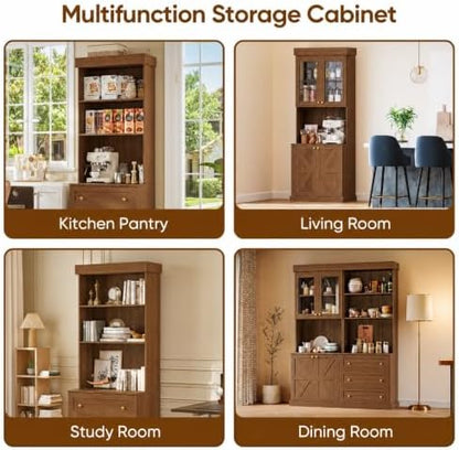 71" Farmhouse Kitchen Pantry Cabinet with Glass Doors, Set of 2 – Dark Brown Freestanding Coffee Bar Hutch with Adjustable Shelves, Large Storage Cabinet with Microwave Stand for Living Room & Kitchen