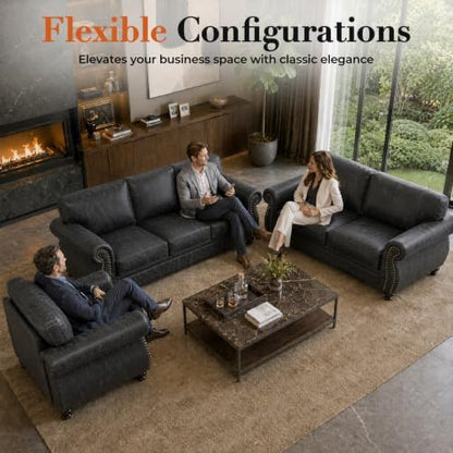 Couchus 88" W Living Room Furniture Sets, 3-Seater&Loveseat&Single, Grey | Faux Leather Fabric Sofa and Couch Sets, Mid-Century Sofa Set with Nailhead Trim