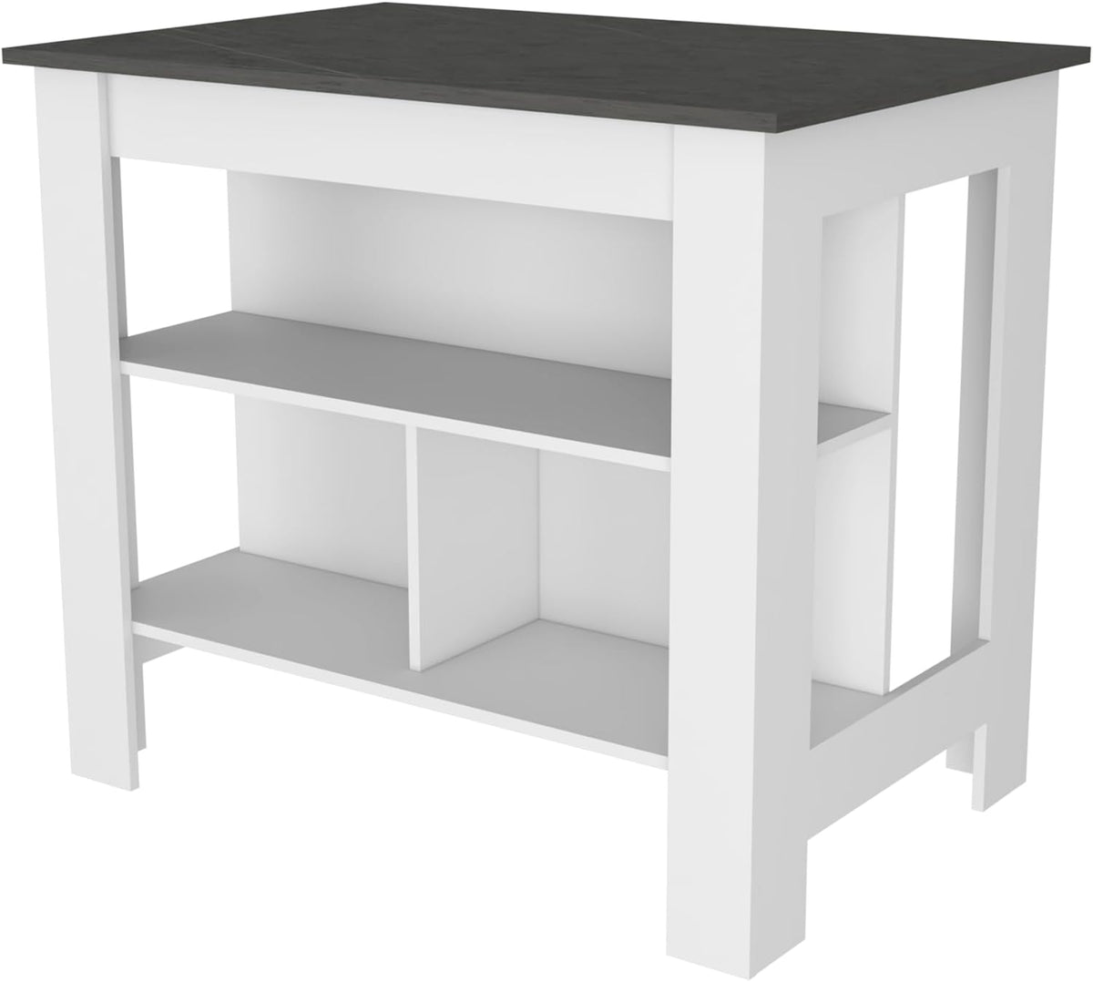 Kitchen Island with Three Shelves, White and Onyx Finish | Three storage shelves with varying dimensions for organized kitchen storage