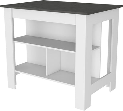 Kitchen Island with Three Shelves, White and Onyx Finish | Three storage shelves with varying dimensions for organized kitchen storage