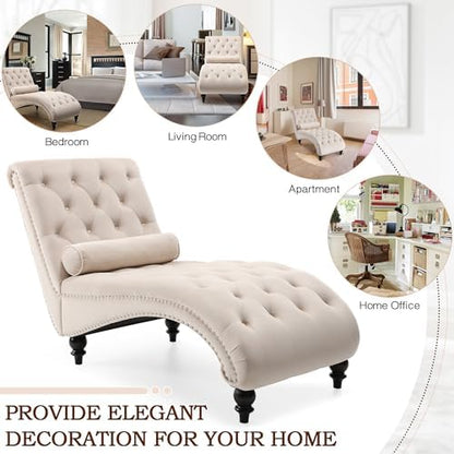 SLEERWAY Chaise Lounge Chair Indoor, Modern Velvet Upholstered Sofa with Solid Wooden Leg and Lumbar Pillow, Button Tufted Sleeper Chaise Lounge Chairs for Bedroom Living Room Office, Beige