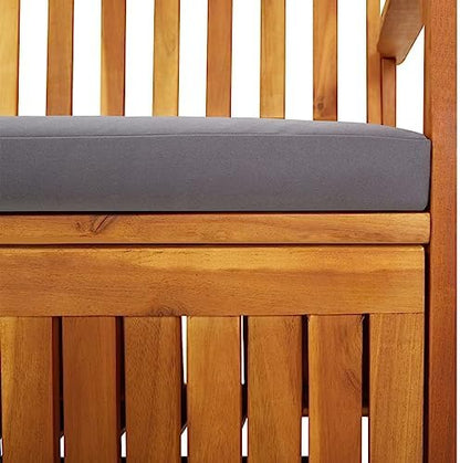 Black Acacia Wood Storage Bench Rectangular, 67 in Outdoor Storage Bench with Cushion, Black and Brown Patio Seating for Three