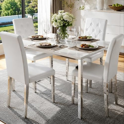 White Dining Chairs Set of 4,Faux Leather with Chrome Plate Metal Legs,Armless Kitchen Room Chairs Set of 4,Max Load 300 Lbs,High Back Modern Design for Home Kitchen Living Room Bedroom