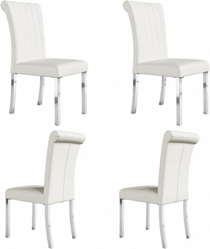 Asday White Leather Dining Chairs Set of 4, White and Silver Dining Room Chairs with Mirrored Chrome Stainless Steel Legs and Rolled Back Design