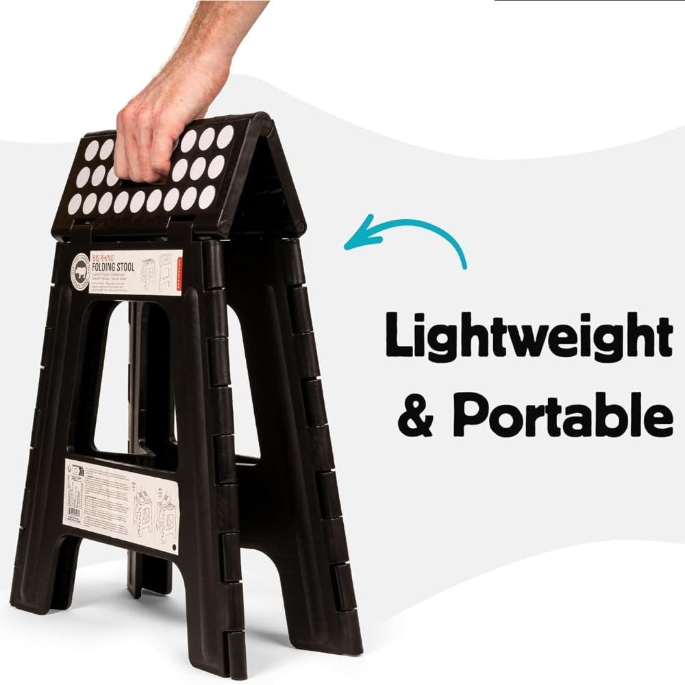 Kikkerland Rhino Foldable Step Stool – Holds Adults up to 300 Lbs, Best for Kitchen & Bathroom – Collapsible, Portable, Lightweight Stepping Stool with Sturdy, Non-Slip Design – Black, 15”