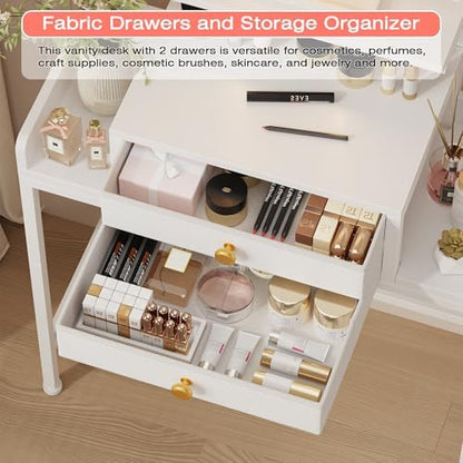 HIGDBFE Vanity Desk with Mirror and Lights 28.4''W Small Makeup Vanity | Vanity Table with Height-Adjustable Stand, 2 Fabric Drawers Compact Makeup Desk, Gift for Girls, Bedroom Small Space, White