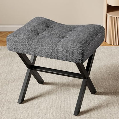 Memobarco 18-Inch Large Vanity Stool Chair, Gray Makeup Stool | Teddy Flannel Vanity Bench, Metal X-Leg, 350 LBS, 20"x16.9"x18", Ottoman Accent Stool, Breathable Soft Padded Saddle Seat