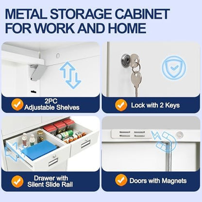 BESFUR Metal Storage Cabinet with 2 Drawers 4 Doors and 2 Adjustable Shelves Garage Storage Cabinet with Lock 71" Office Storage Cabinets Locking Cabinets for Garage Office Shop Home (White)