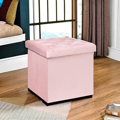 B FSOBEIIALEO Storage Ottoman Cube, Velvet Tufted Folding Ottomans with Lid, Footstool Rest Padded Seat for Bedroom (Pink, Medium)