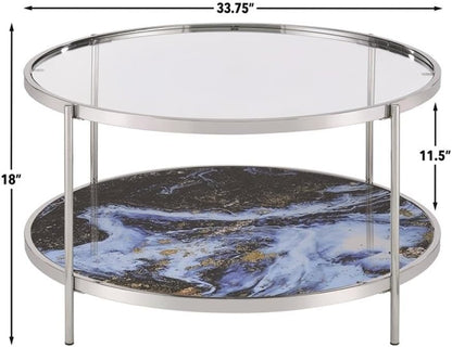 Pemberly Row 3-Piece Coffee & End Table Set, Engineered Wood, Blue Faux Marble & Glass, Chrome Frame, Contemporary Style Living Room Tables, Reversible Panels for Flexible Design