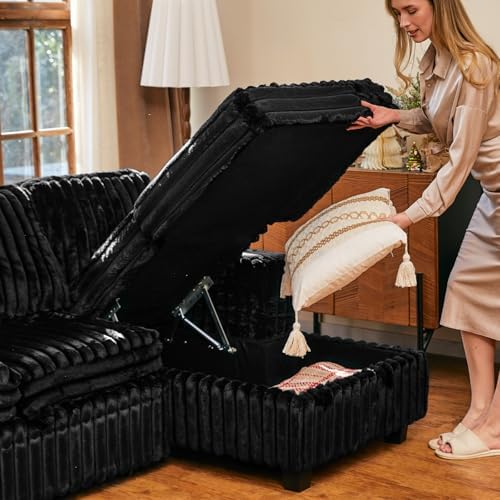 Belffin Corduroy Sleeper Sofa Bed with Storage Chaise Modular Sectional Sofa Couch with Pull Out Bed L Shaped Sectional Couches for Living Room Black Couch