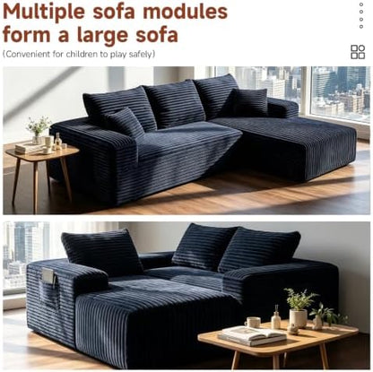 Couch ≈103" L-Shaped Sofa, Modular Sofa in Living Room Comfy Corduroy Fluffy Couch with Deep Seat and Side Pockets, Flexible Module Combination for Living Room (Black, 103IN)