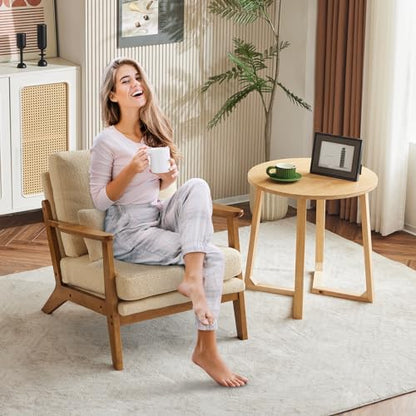 Karl home Mid-Century Lounge Accent Chair, Khaki | Wide Curved Armrest, Teddy Fleece, Lumbar Pillow Included, Solid Wood Frame, For Living Room, Bedroom, Balcony, Apartment