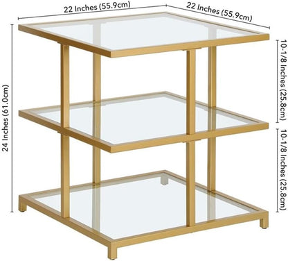 Pemberly Row Contemporary 22" Gold Finish Side Table, Handcrafted Metal Frame, Tempered Glass Shelves, Cantilevered Design, Modern Accent Table for Living Room, Family Room or Bedside